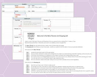Simple Weekly Menu Planner | Google Sheets template | Meal Planning and Grocery Shopping List