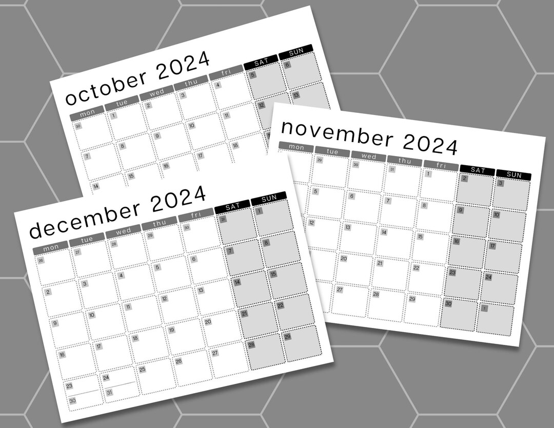 Octoberdecember 2024 Monthly Calendars Q4, Landscape, Letter, Instant