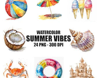 Summer Vibes aquarel collectie clipart, 24 png zomer clipart, Beach Party png, vakantie clipart, commercieel gebruik