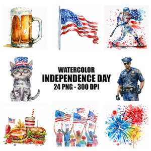 Independence Day Watercolor Clipart, 24 PNG USA Day clip art, 4th of July Clipart PNG Bundle - Free Commercial Use