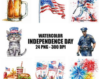 Independence Day Watercolor Clipart, 24 PNG USA Day clip art, 4th of July Clipart PNG Bundle - Free Commercial Use