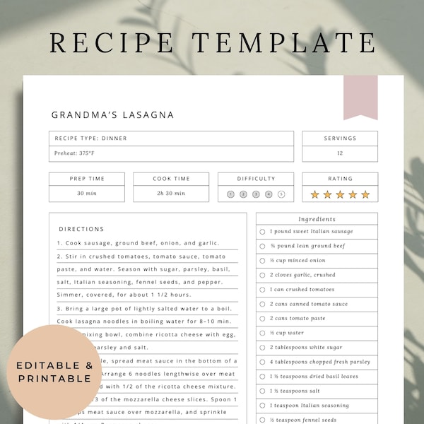 Recipe Template, Recipe Sheet Template, Recipe Cards, Minimal Recipe Binder, Food Planner Journal, Meal Planner, Recipe book