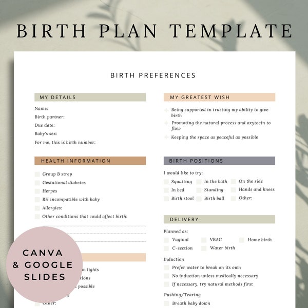 Modèle de plan de naissance | Modifiable + Imprimable | Préférence de naissance | Liste de contrôle de naissance | Plan de naissance visuel | Toile | Google Slides