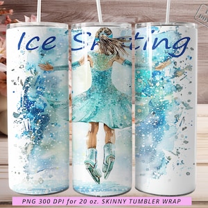Fashion Girl Ice Skating Png 20oz Skinny Tumbler Wrap, Female Ice Skates Watercolor Png Wrap, Ice Skating Clipart