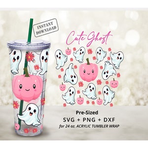 Cute Ghost 24oz Acrylic Tumbler Wrap, Pink Pumpkin, Ghost Clipart, Pastel Halloween, 24oz Tumbler, Venti No Hole svg