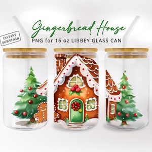 Casa di pan di zenzero di Natale Lattina di vetro della Libbey da 16 once Omino di pan di zenzero Inverno png Regalo per caramelle di Natale png Biscotti di Natale