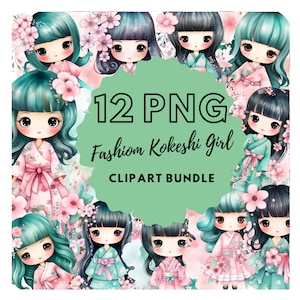 Paquete de imágenes prediseñadas de chica Kokeshi de moda, ilustración de chica de moda de acuarela, muñeca Kokeshi PNG, imágenes prediseñadas de geisha anime PNG