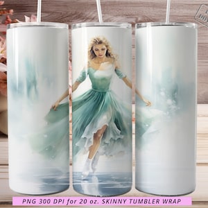 Ice Skating Girl On The Frozen Lake With Sea Green Competition Dress White Skates PNG For 20oz Skinny Tumbler Wrap