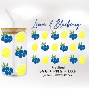 Lemonade Beer Can Glass, 16oz Libbey Glass Fruit Design, Blueberry & Lemon Pattern SVG Unique Glassware Gift Fruit Lover