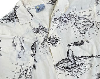 Vintage Royal Creations Hawaiian Map Camp-shirt heren M Nautical Tropical Aloha