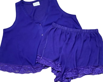 Conjunto de pijama corto de lencería vintage Val Mode para mujer, talla L, color morado con ribete de encaje Coquette