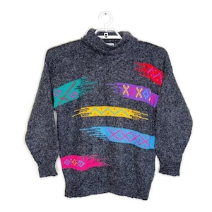 Vtg Women&#39;s Gray Mohair Aztec Abstract Sweater Colorful 80&#39;s 90&#39;s New Wave Sz L