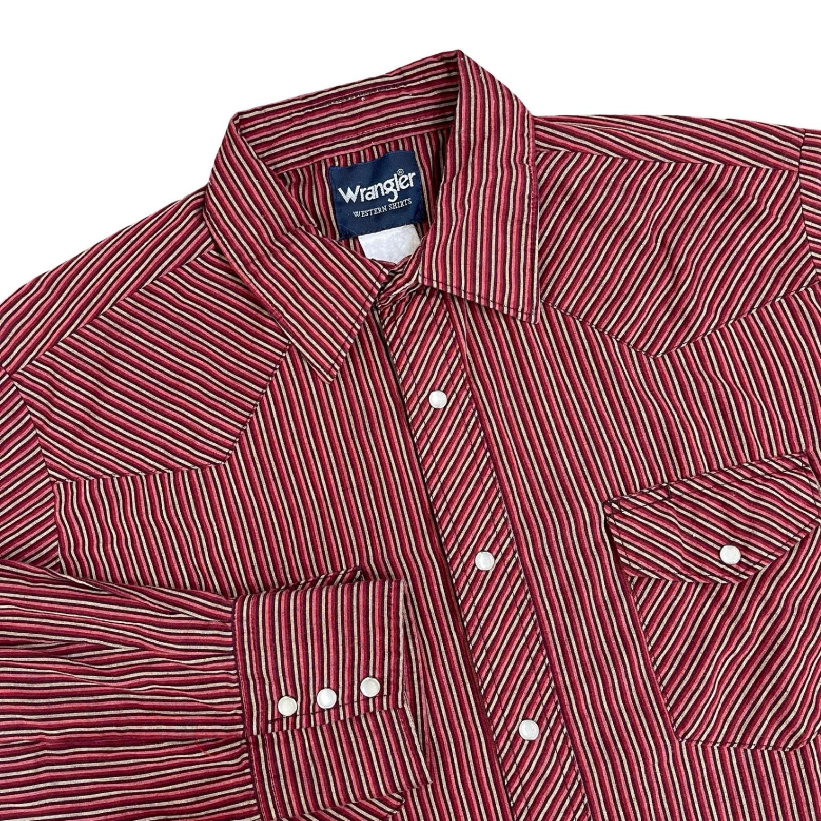 Vintage Wrangler Western Shirt Men's L Red Striped Pearl Snap