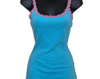 Vintage Blue Ribbed Pink Lace Trim Cami Tank S Y2K Coquette Preppy Layering