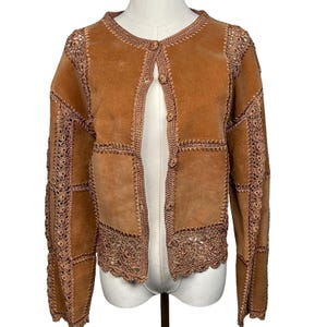 Vintage Leather Crochet Patchwork Jacket Women M Brown Boho Suede Western