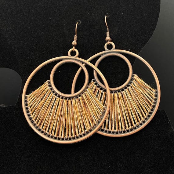 Boho Copper Tone Circular Thread Wrapped Hoop Dan… - image 2