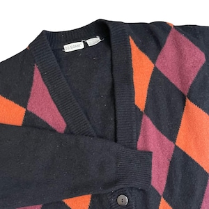 Vtg DD Sloane Argyle Cardigan Sweater Lambswool Men L Black Orange Red Academia