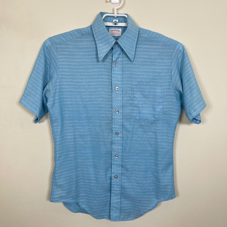 Camisa de campamento McGregor Scotset vintage para hombre, talla M, azul, con cuello tipo daga texturizado, estilo retro de los años 70. imagen 2