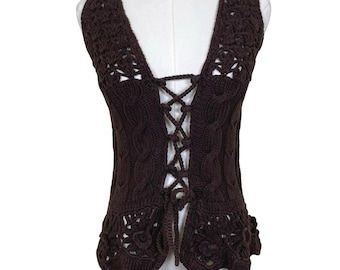 ヴィンテージ ネリック クロシェ レースアップ ベスト レディース XS ブラウン ニット 花柄 ボヘミアン フェスティバル Y2K