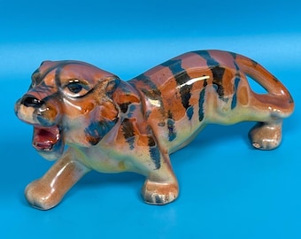 Vintage Ceramic Iridescent Lustreware Tiger Figurine Orange Black 6.5" MCM Japan