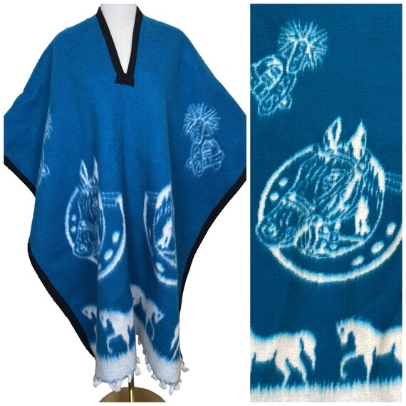 Vintage Turquoise Blue Mexican Wool Western Horse & Horseshoe
