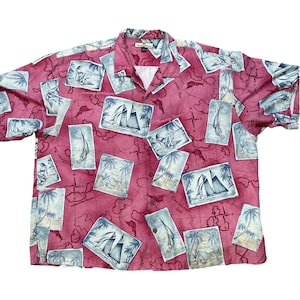 Tommy Bahama heren zijden Hawaiiaans kampshirt XXL tropische kaart zeilboot ansichtkaart rood afbeelding 2