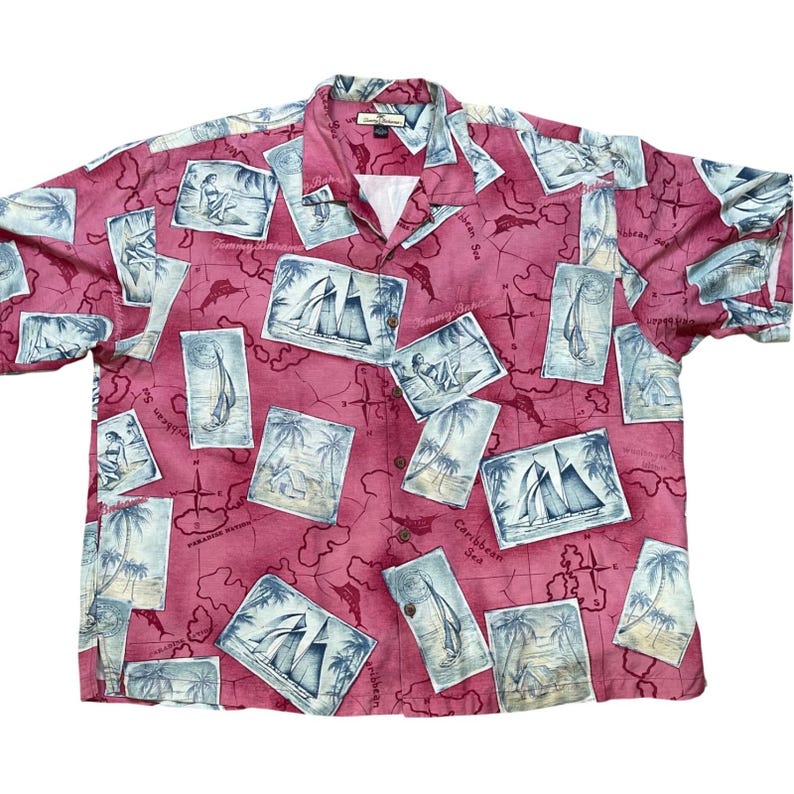 Tommy Bahama heren zijden Hawaiiaans kampshirt XXL tropische kaart zeilboot ansichtkaart rood afbeelding 2
