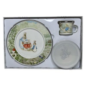 GOLDEN RABBIT Beatrix Potter Peter Rabbit Enamelware Dish Child Dinner Set NIB