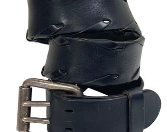 Cinturón de cuero trenzado negro vintage de doble hebilla para hombre, talla 34, estilo motero, con efecto desgastado.