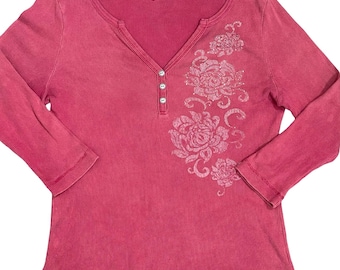 Xcit Henley Top Women XL Pink Floral Rhinestone Embellished Y2K Fairy Vintage