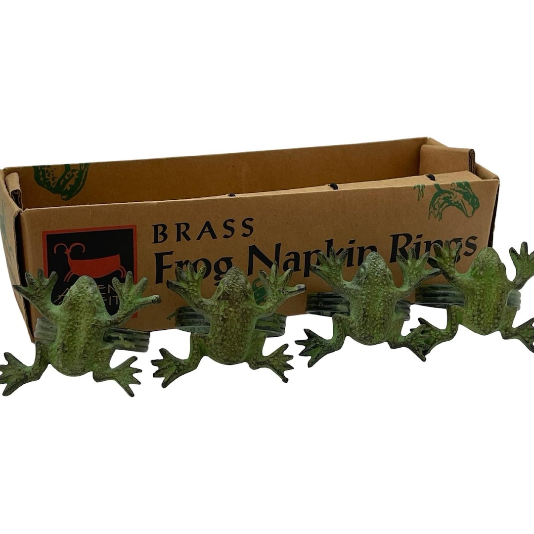 Ancient Graffiti Green Rustic Brass Frog Napkin Rings 4 Boho Natural ...