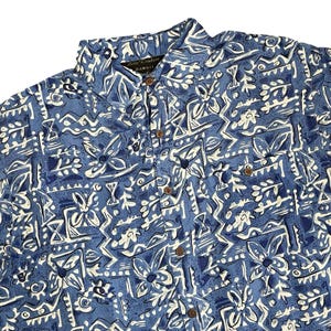 Camisa hawaiana Vintage Silk Traders para hombre, talla L, azul, seda, estampado tribal abstracto Aloha Camp.