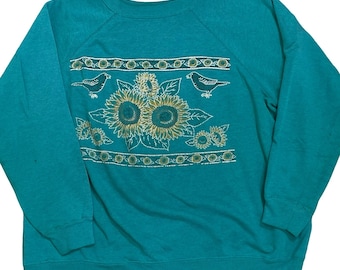 Sudadera vintage Hanes Her Way Sunflower Bird para mujer, talla L, color verde azulado, estilo años 90, manga raglán, fabricada en EE. UU.