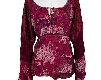 Top campesino vintage Faded Glory para mujer, talla XL, terciopelo rojo con estampado floral y mangas acampanadas.
