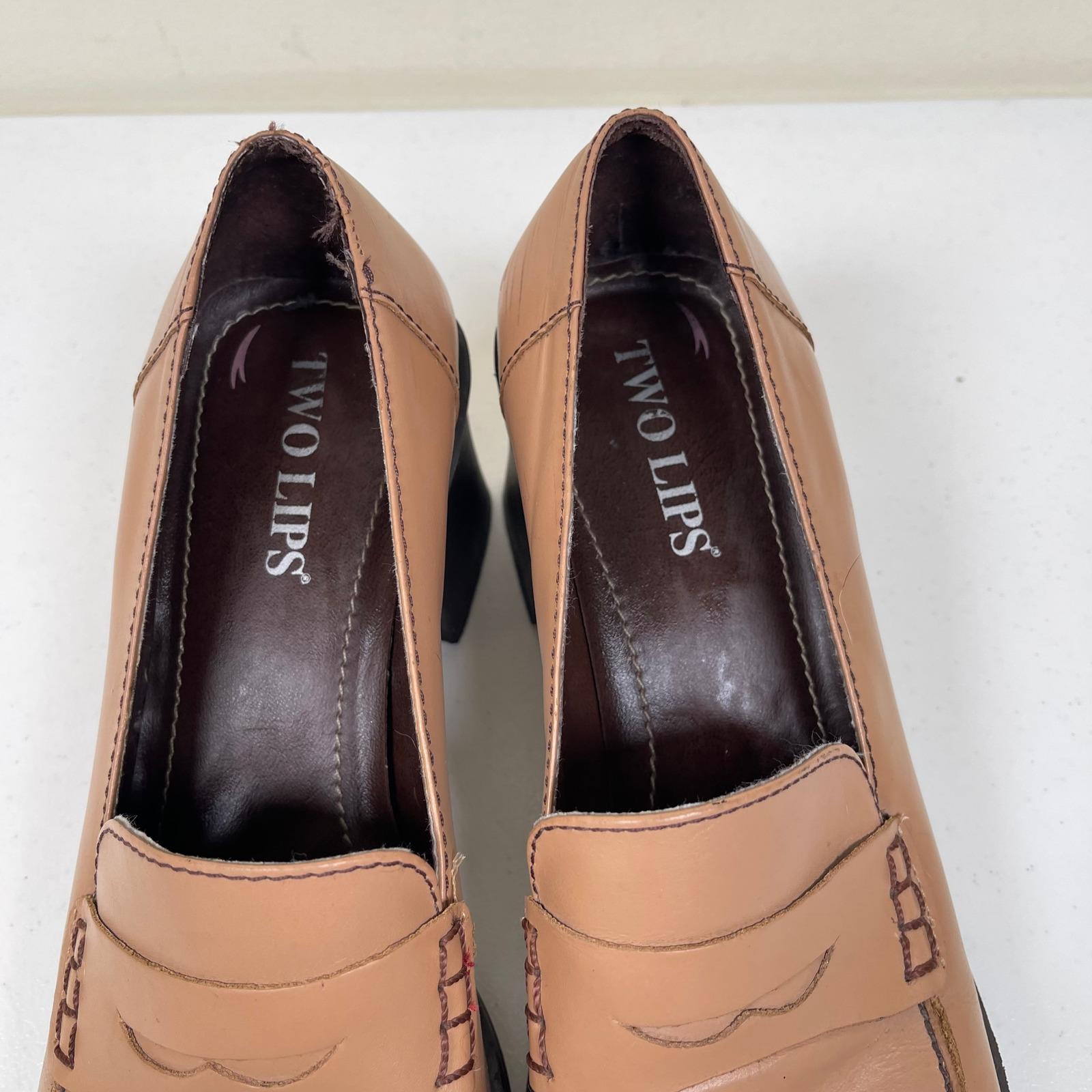 Vintage Two Lips Tan Leather Penny Loafer Chunky Heel Shoes