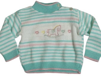 Vintage kindertrui hobbelpaard meisjes 2T blauwgroen roze gestreepte gebreide trui met opstaande kraag