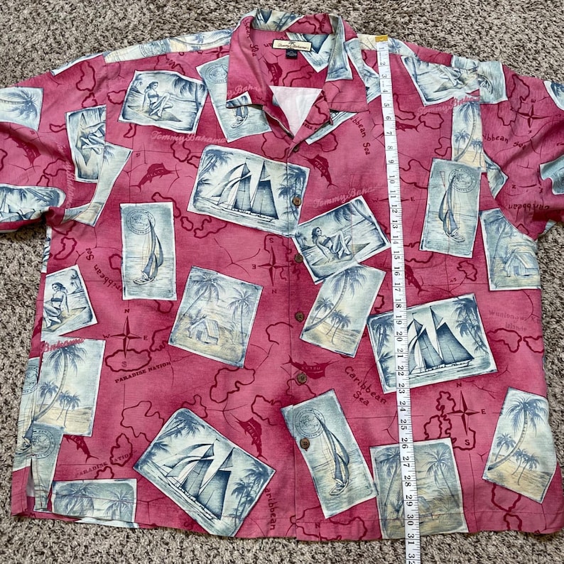 Tommy Bahama heren zijden Hawaiiaans kampshirt XXL tropische kaart zeilboot ansichtkaart rood afbeelding 6