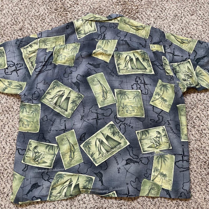 Tommy Bahama Seide Aloha Shirt XXL Postkarte Karte Segelboot Hawaii Hula Loop Kragen Bild 4