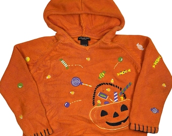 Vintage Authentic Kids Halloween Hoodie Unisex 5/6 Orange Knit Sweater Pumpkin