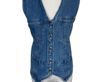 vintage Kim Rogers Sport Denim Vest Women M Blue Button Front Western Boho des années 90