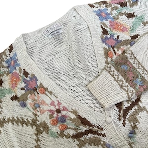 Vtg Melbourne Hand Knit Cardigan Sweater Women L Floral Embroidery Cottagecore