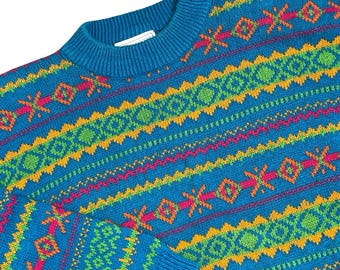 Vintage Southern Lights Blue Graphic Fair Isle Knit Grandpa Sweater L Retro 80s
