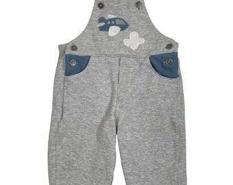 Vintage Buster Brown Airplane Overalls Boys 12M Gray Blue Knit Embroidered Plane