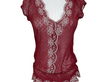 Vintage app. 9 mesh kanten top dames M rood geborduurde kapmouw pointelle Y2K