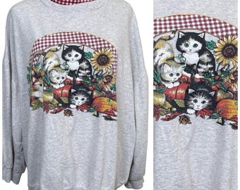 Felpa vintage Basic Editions con stampa di gatto, taglia 1X, grigia, collo alto, autunno anni '90.