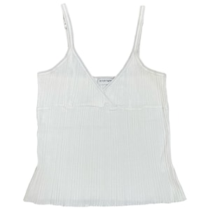 May include: White ribbed camisole top with adjustable straps and a V-neckline. The top features a wrap-style design at the bust and a slightly flared hem. The word "energie" is printed on the front. A casual and versatile garment.
