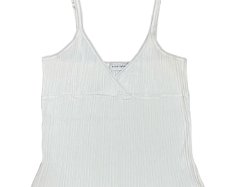 Vintage Energie weiß geripptes Babydoll Cami Tank Top XL Y2K Boho Fairy Lace Trim