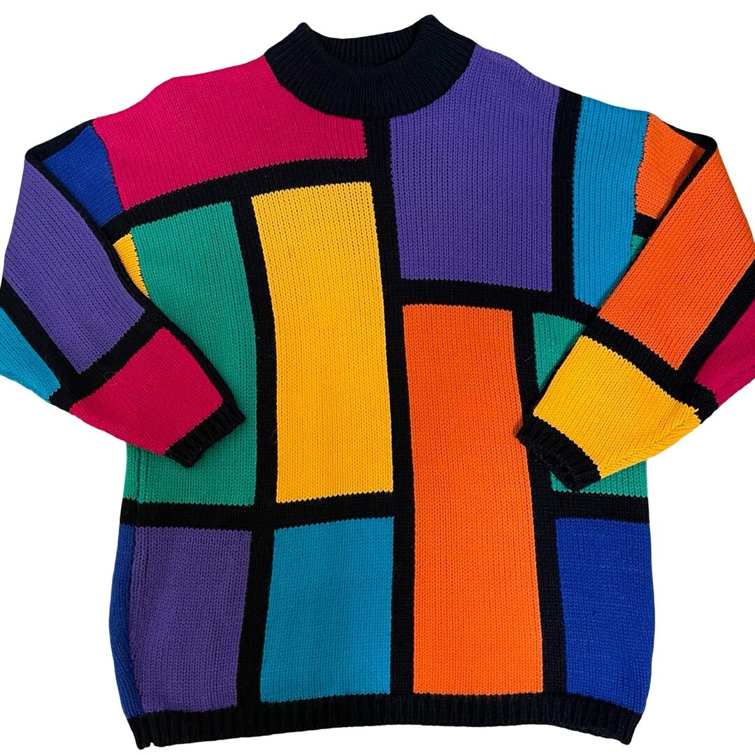 Vintage CAROLINA COLOURS Geometric Colorblock 80s Mock Neck Sweater M ...