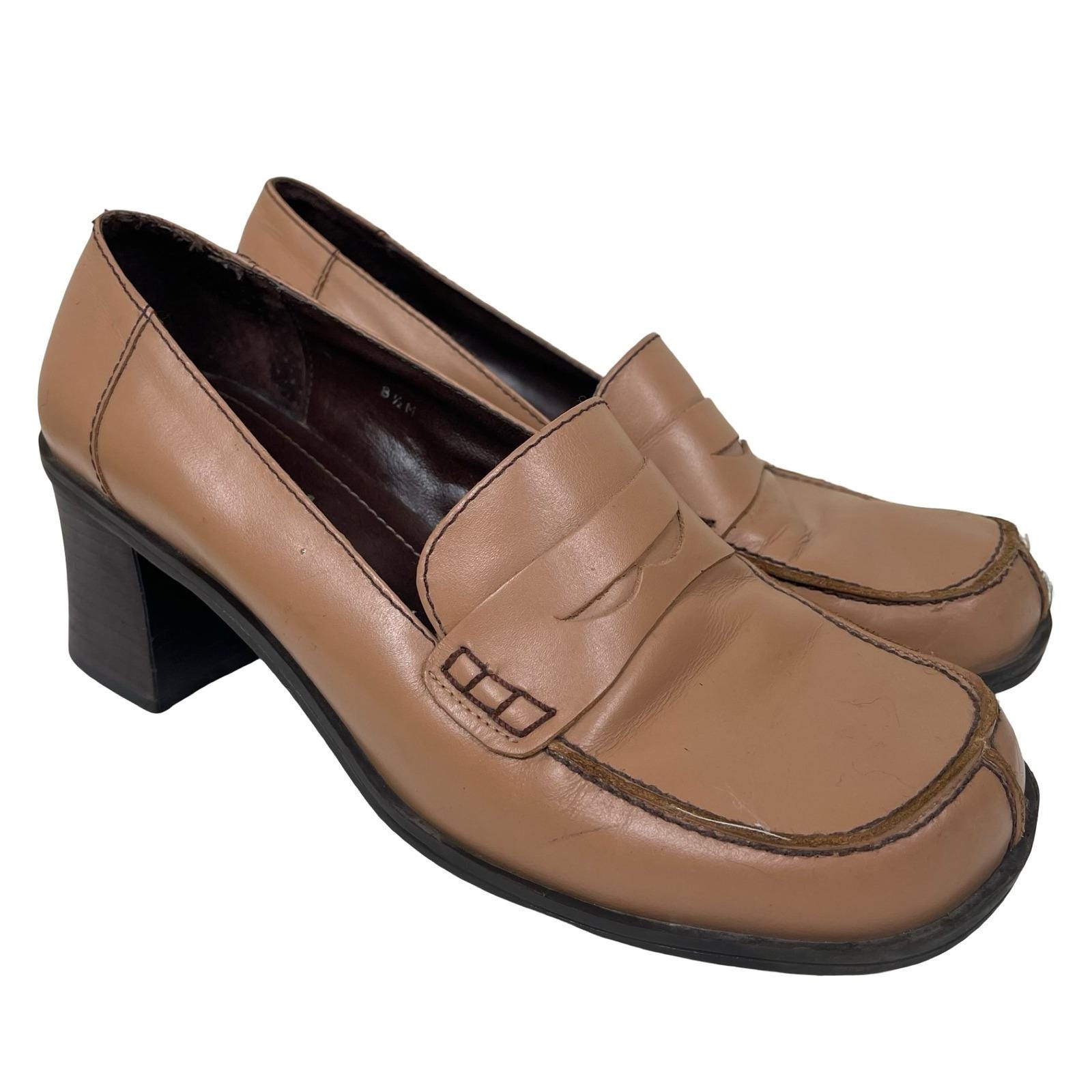 Vintage Two Lips Tan Leather Penny Loafer Chunky Heel Shoes