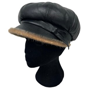 FASHION Black Leather like Baker Boy Cap with Cream Fur Trim Fur Baker Boy Hat - Etsy main image 2